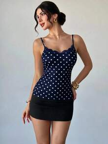 Firerie Women's Elegant 1940s Vintage Old Money Romantic Exquisite Charming Holiday Valentine's Day Sexy Lace Navy Blue Polka Dot Top Vacation Summer - Navy Blue - View 7