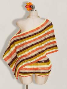 SHEIN ICON Women's Plus Size Burnt Orange Colorblock Asymmetric Shoulder Top And Shorts Casual Elegant Cottage Core Gyaru Daily Knit Set Autumn Beach Dinner - Multicolor - View 2