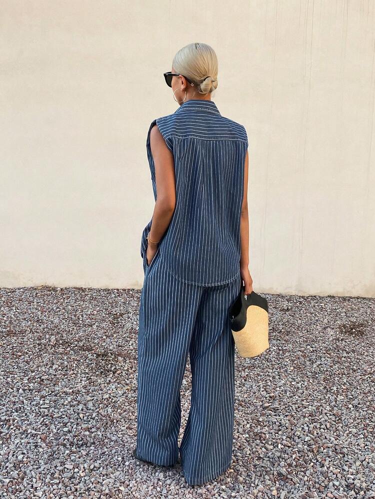 Women's Denim Set With Lapel Sleeveless Striped Loose Top And Casual Long Pants
