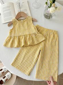 SHEIN 女嬰編織格紋圓領無袖上衣與寬鬆休閒長褲 2 件套裝 - 黃色 - 查看 3