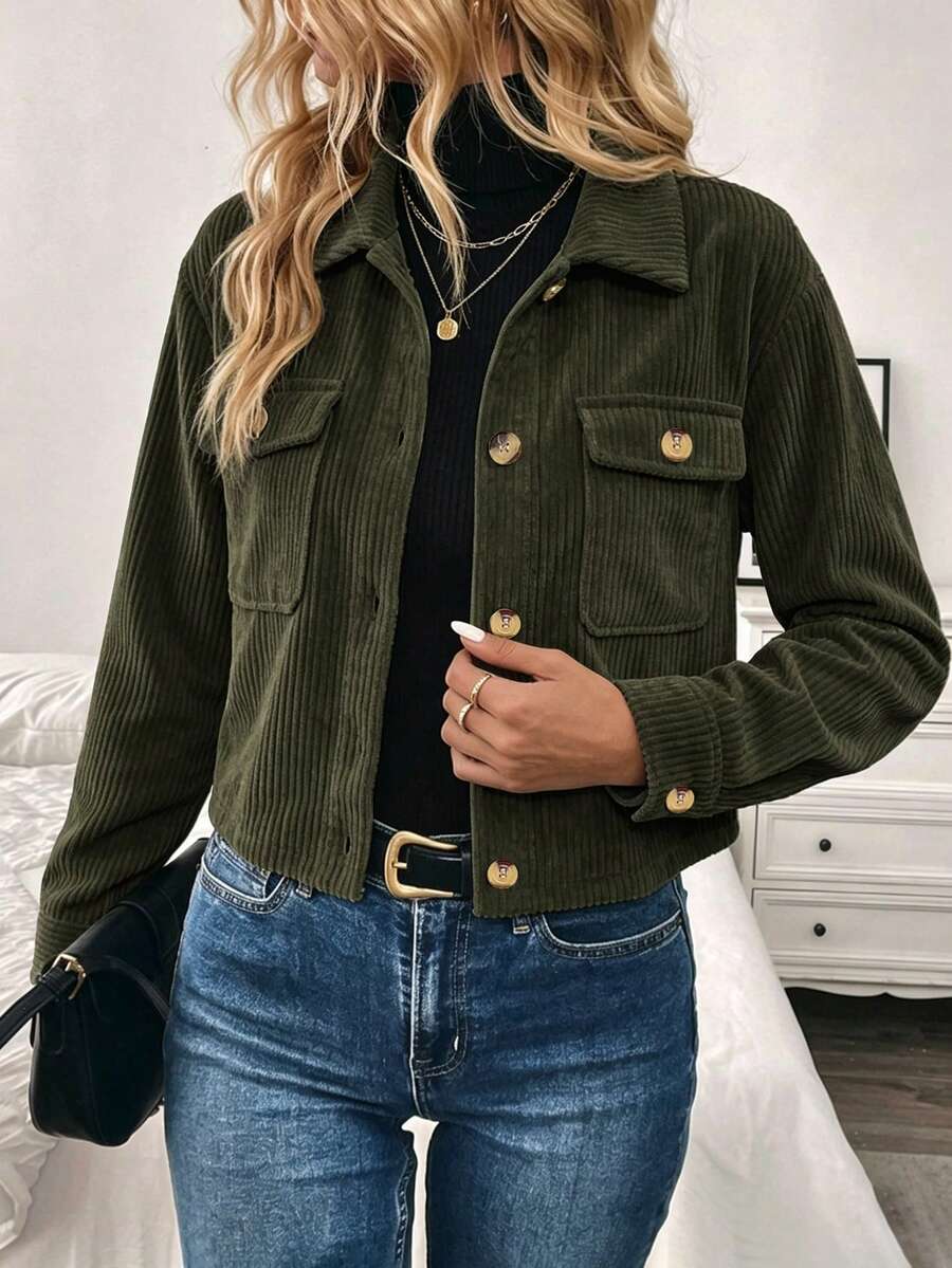 EMERY ROSE Casual Solid Color Cropped Jacket, Versatile For Commuting, Autumn Green Jacket Crop Jacket - Army Green - View 1