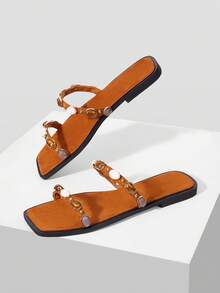 MOTF OUTDOOR WOMEN'S FLAT BOTTOM SQUARE TOE RHINESTONE SIMPLE SLIPPERS WOMEN THICK BOTTOM NON-SLIP OPEN-TOED CASUAL VERSATILE BEACH SLIPPER - Camel (fleece) - View 3