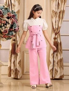 Conjunto de 2 piezas de camisa y pantalones de color block elegante para niñas preadolescentes, verano - Rosa - Ver 5