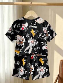 LOONEY TUNES X SHEIN 2件組 小男孩休閒可愛卡通印花圓領短袖T恤與短褲套裝，夏季 - 黑色 - 查看 3