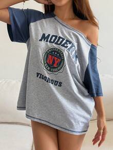 DAZY Women's Summer Casual Color Block Patchwork Letter Print Asymmetric Collar T-Shirt Oversized - Grey - View 6