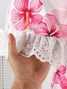 SHEIN Genkimix Kids 女童法式碎花印花圓領無袖背心上衣搭配側邊3D蝴蝶結裝飾與寬鬆直筒寬腿褲套裝，夏季休閒穿搭 - 粉色 - 查看 7