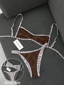 Swim Vcay 女款夏季海灘簡約優雅浪漫休閒度假性感甜美可愛時尚外套比基尼套裝 百搭萬能豹紋雙面印花可翻面多種穿搭選擇 抹胸微比基尼 適用於海灘、度假村、水療、音樂節、蜜月及休閒度假場合 - 彩色 - 查看 1