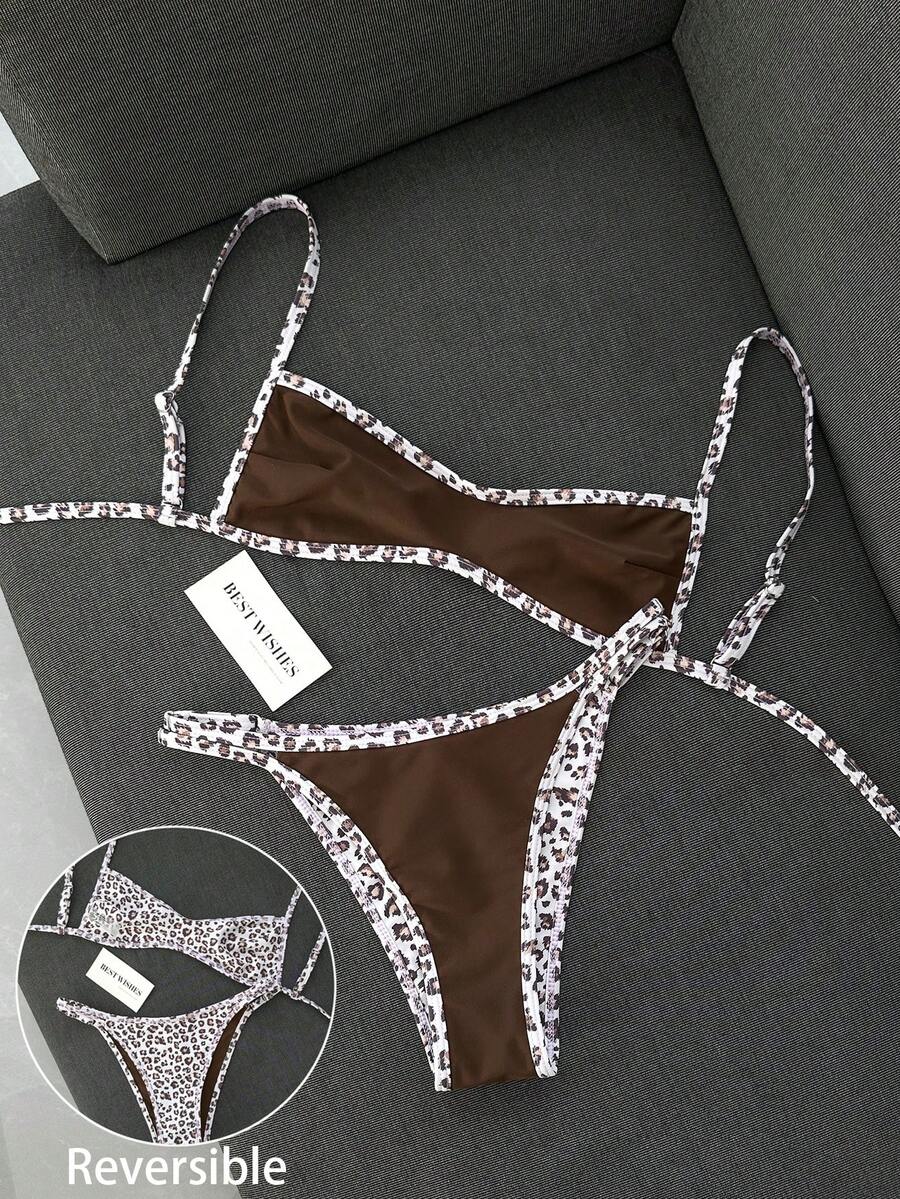 Swim Vcay 女款夏季海灘簡約優雅浪漫休閒度假性感甜美可愛時尚外套比基尼套裝 百搭萬能豹紋雙面印花可翻面多種穿搭選擇 抹胸微比基尼 適用於海灘、度假村、水療、音樂節、蜜月及休閒度假場合 - 彩色 - 查看 1