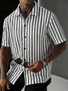 SLATEMANN Men's Black & White Textured Jacquard Striped Casual Holiday Short Sleeve Shirt - Black and White - View 5