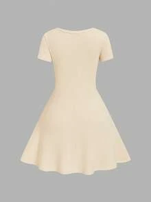 Elenzga Apricot Pearl Round Neck Short Sleeve Ribbed Cinched Waist A-Line Women's Short Dress - Apricot - View 5