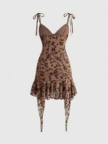 ROMWE Đầm midi nữ phong cách hippie western màu nâu đen, họa tiết hoa nhung, dây quai mảnh, dáng ôm, gấu váy bất đối xứng - màu nâu - Xem 2