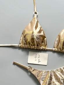 Swim Vcay 女款度假海灘金屬質感掛脖綁帶比基尼兩件式泳衣套裝 - 金色 - 查看 3