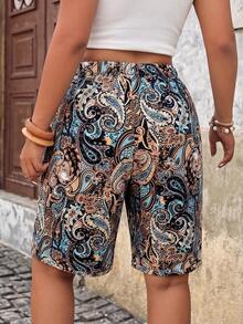 EMERY ROSE Plus Size Casual Waist Print Drawstring Vacation Shorts With Pockets  Black And Gold Summer Holiday Outfits For Women Urlaub Shorts - Multicolor - View 2
