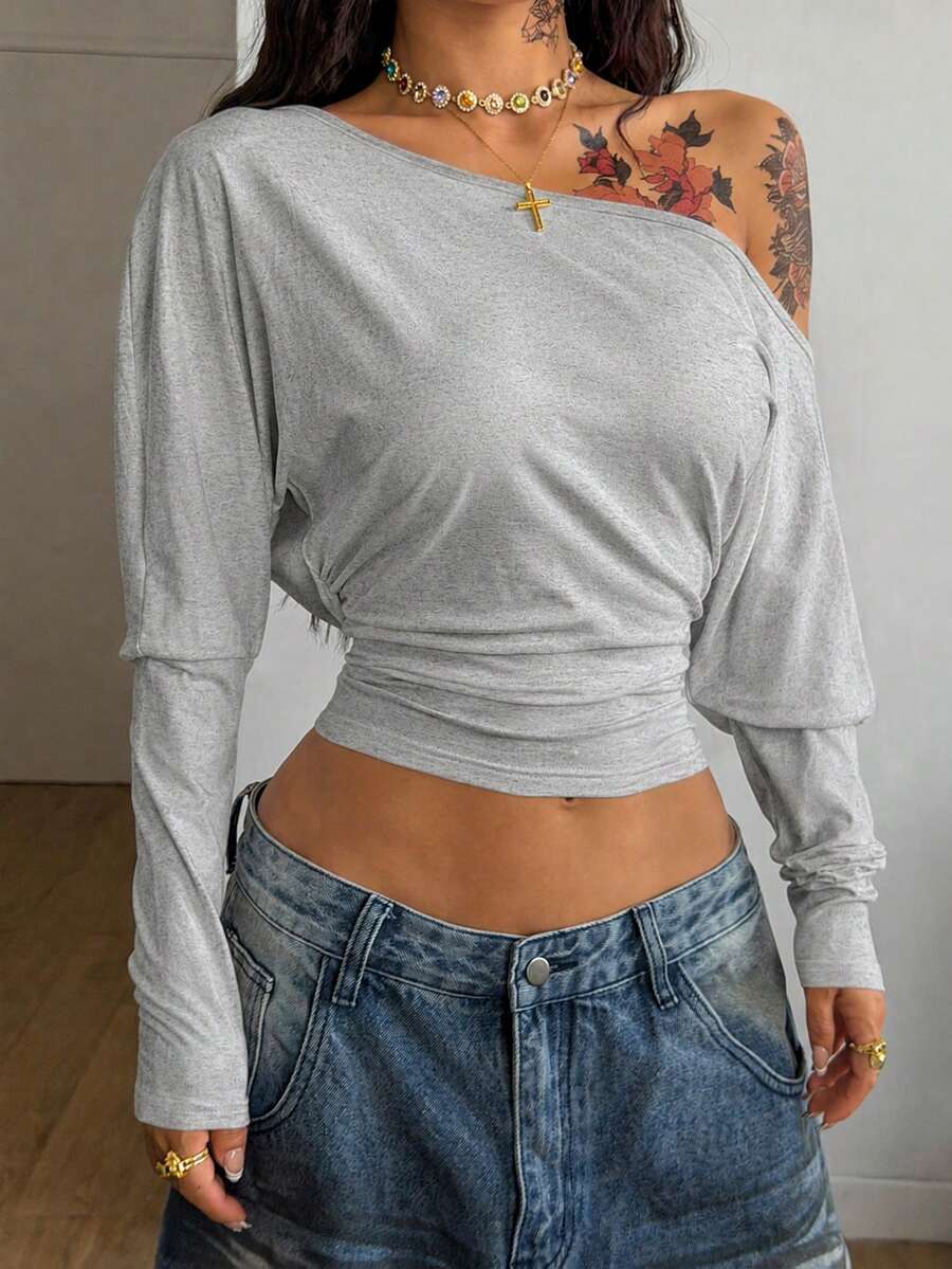 Coolane Women's Autumn Minimalist Y2K Basic Daily Wear Casual Vintage Streetwear Stretchy Light Grey Loose Asymmetrical Neck Long Sleeve Ruched Crop Tees Top - Light Grey - View 1