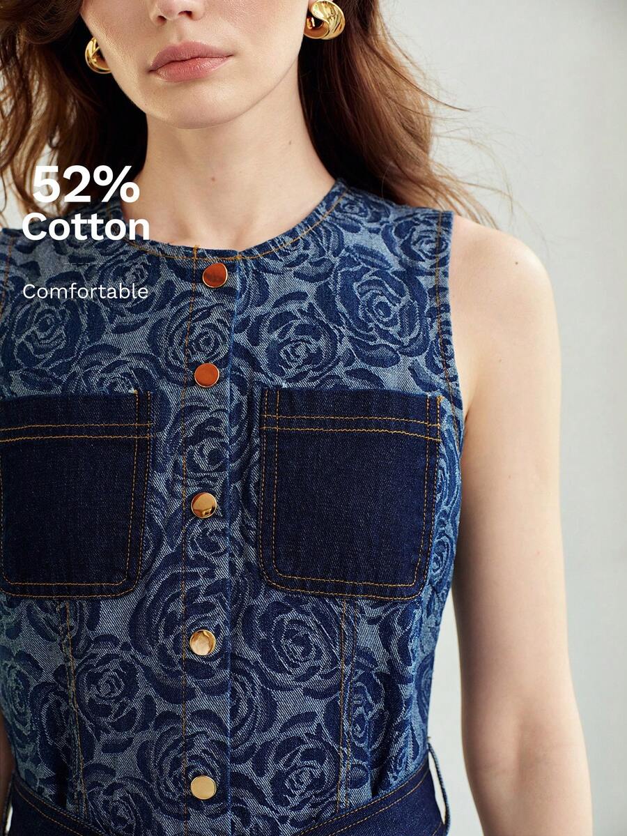 MOTF PREMIUM ELEGANT JACQUARD PATCHWORK DENIM DRESS, SPRING/SUMMER BRUNCH NAVY BLUE FLORAL - Dark Wash - View 2