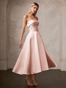 MOTF PREMIUM ELEGANT STRAPLESS ANKLE-LENGTH A-LINE SATIN PARTY DRESS WITH FLORAL RHINESTONE, CINCHED WAIST, CRISSCROSS BACK STRAPS – ELEGANT LUXURIOUS STYLE - Pink - View 4