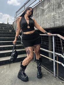 Whyspr Plus Size Women's Y2K Style Black Spaghetti Strap Cutout Top Rivet Waist-Cinched Slimming High-Waist Shorts With Eyelet Decor, 2 Pieces Concert Summer - Black - View 1
