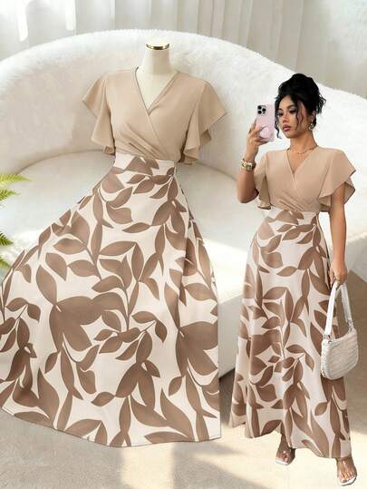 Elenzga Đầm nữ thanh lịch màu đỏ tía họa tiết lá cây, tay ngắn nhún bèo, dáng ôm xòe, thích hợp cho mùa xuân/hè.