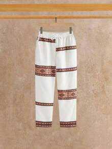 HIMLAND Men's Cream Wide-Leg Pants With Colorful Geometric Woven Stripe Bands. Elastic Drawstring Waist In Lightweight Linen-Blend. Relaxed Resort Style For B - Khaki - View 6