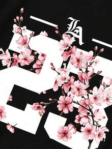 Manfinity LEGND 男款黑色短袖T恤，LA洛杉磯23美國籃球，櫻花圖案，美式復古，日系風格，運動，夏季，休閒 - 黑色 - 查看 8
