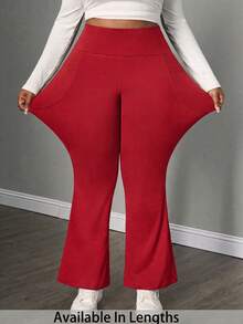 SHEIN PETITE CURVE 大尺碼女款秋冬開學季休閒居家瑜伽舒適戶外純黑色針織彈性腰高腰口袋喇叭褲，附口袋內搭褲 - 紅色 - 查看 1