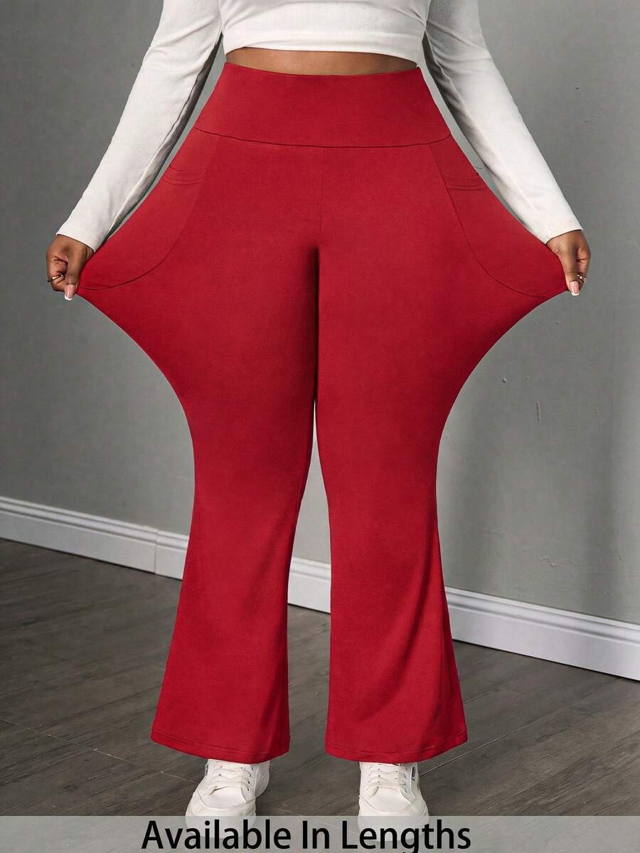 SHEIN PETITE CURVE 大尺碼女款秋冬開學季休閒居家瑜伽舒適戶外純黑色針織彈性腰高腰口袋喇叭褲，附口袋內搭褲 - 紅色 - 查看 1