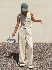 Livesso Round Neck Sleeveless Casual Top Loose Long Pants Women's Denim Set Travel Light Beige Summer - White - View 6