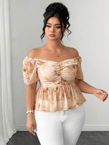 Elenzga Women's Plus Size Sweetheart Collar Ruffle Sleeve Ruched Waist Ruffle Hem Chiffon Print Elegant Blouse - Light Yellow - View 7
