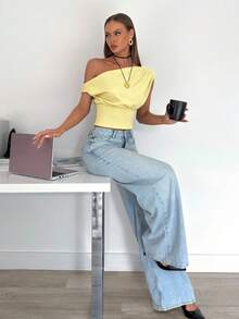Siren Gaze Women's Casual Elegant Asymmetric Neck Ruched Cropped Top, Suitable For Summer, Suitable For Daily Wear - Yellow - View 6