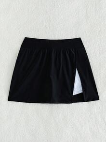 Swim Lushoire 女款素色沙灘套裝，優雅側開衩裙褲，設計款泳裝沙灘褲 - 黑與白 - 查看 7