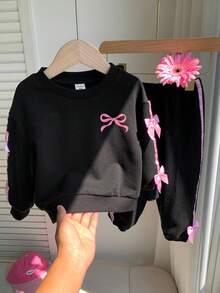 SHEIN 女嬰針織圓領 3D 蝴蝶結休閒抓毛刷毛衛衣與加厚長褲 2 件套，適合秋冬 - 黑色 - 查看 6