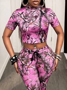 BamGleam Summer Casual Streetwear Vacation Fitness Color Printed Slim Fit Short Sleeve T-Shirt Club Pink Camouflage - Pink - View 3