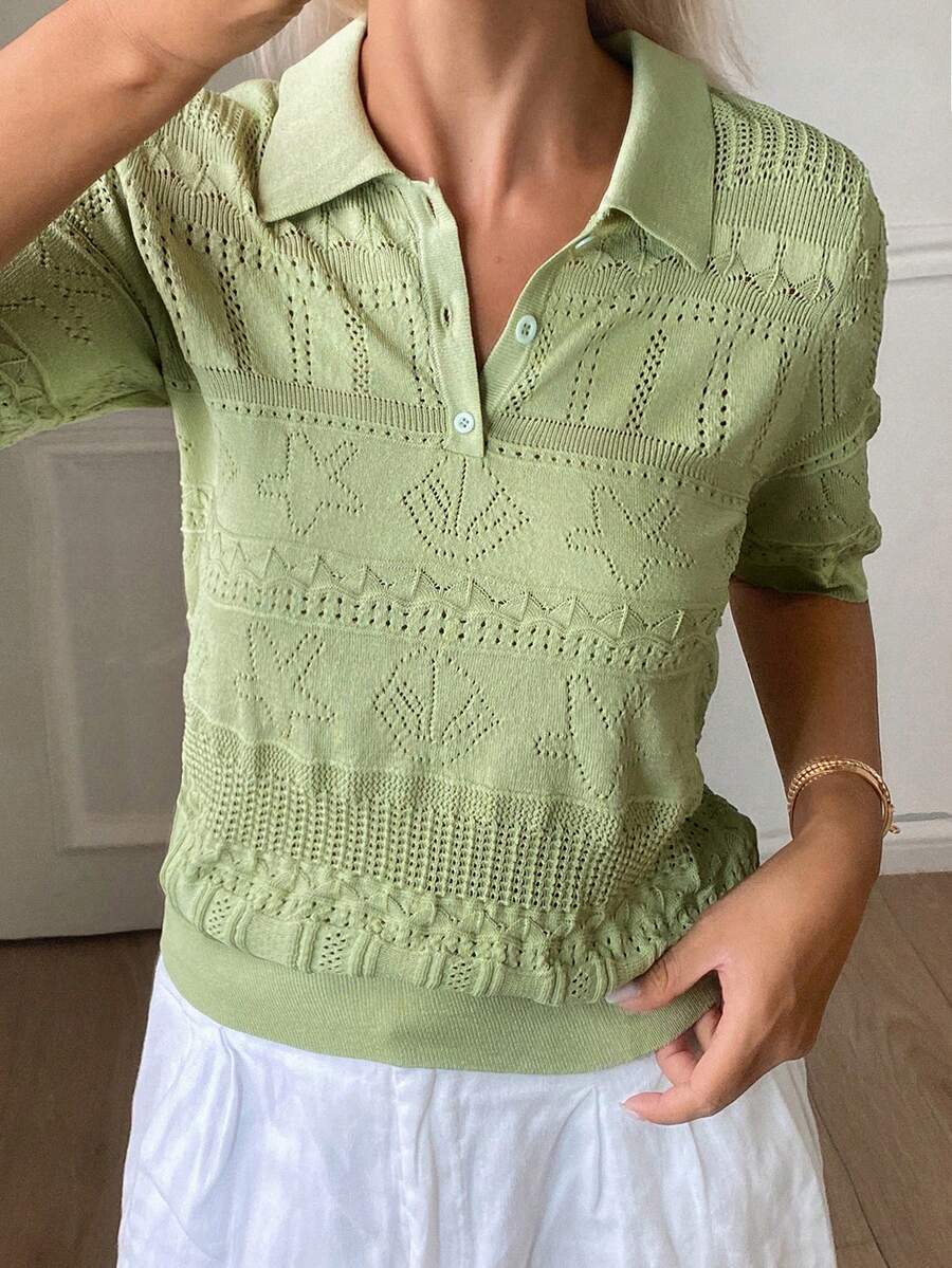 DAZY Striped Polo Collar Short Sleeve Casual Spring Summer Women's Knit Top - Green - View 1