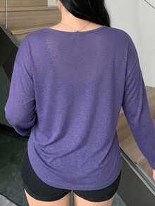 Dazy Plus Camiseta de manga larga con cuello redondo amplio y pechera semiabierta de color liso para primavera/verano - Morado Violeta - Ver 3