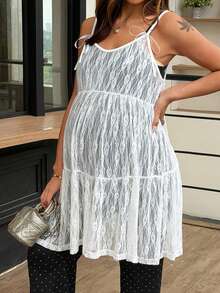Dazy Maternity Atasan Tank Top Camisole Berenda Berlapis-lapis Modis untuk Ibu Hamil di Musim Panas - Putih - View 7