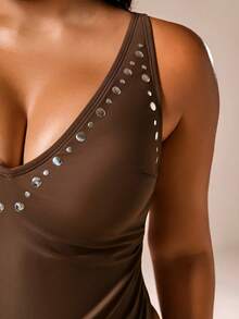Auralis Costume da bagno intero casual alla moda con design a rivetti per donna taglie forti - Castano - Visualizzare 5