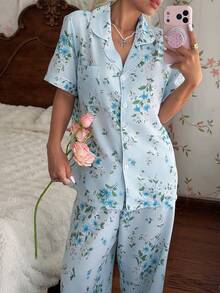 CottageSlumber Floral Print Lapel Short Sleeve Long Pants Pajama Set - Baby Blue - View 5