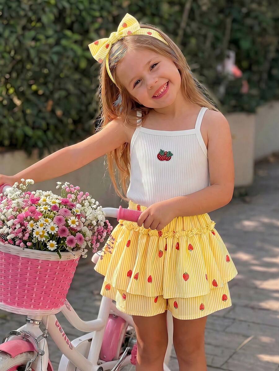 Emery Rose Kids Emery Rose Kids Set Atasan Camisole Bergaris-garis dengan Bordir Stroberi Kecil dan Celana Pendek Berumbai untuk Anak Perempuan - Kuning - View 1