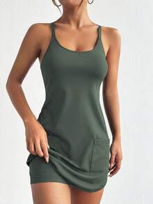 SHEIN Sports 2件式運動風口袋洋裝 - 軍綠色 - 查看 2