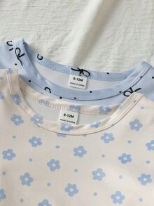女嬰時尚可愛舒適蝴蝶結線條印花圖案長袖長褲捲邊牛奶絲面料家居服套裝 - 彩色 - 查看 8