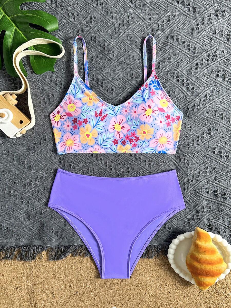 SHEIN 青少年女孩比基尼套裝,2件式泳衣套裝,紅色花卉上衣配純色三角泳褲,時尚休閒優雅成熟淑女風,適合游泳、度假、夏季(隨機印花) - 紫色 - 查看 1