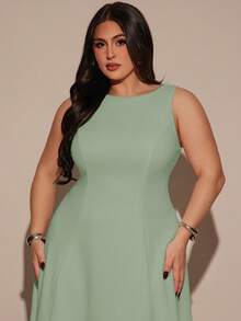 SHEIN BAE Plus Size Women's Summer Full Flare Boat Neck Elegant Long Sleeveless Dress Wedding Guest Sage Green - Mint Green - View 2