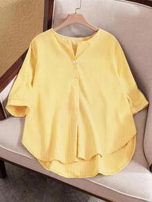 Rusticease Plus Size Women's Striped Casual Versatile Everyday Outing Shirt - Mustard Yellow - View 2