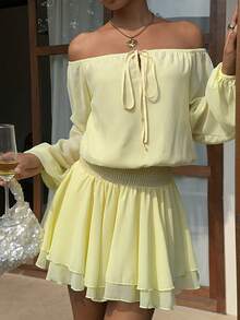 Sunnyshic Women's Autumn Pale Yellow Chiffon Off-Shoulder Mini Dress, Beach Vacation Outfit, Italian Rave - Yellow - View 4