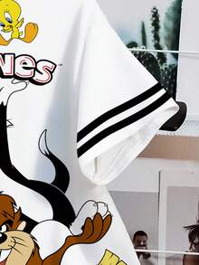 LOONEY TUNES X SHEIN 女士休闲字母动物印花短袖T恤，夏季 - 白色 - 查看 4