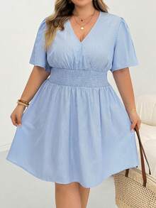SHEIN CURVE+ Plus Size Vacation Casual Striped Dress Baby Blue Summer - Multicolor - View 7