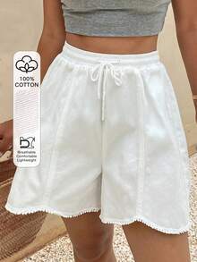 Livesso Women's Casual All-Match Vacation Commute Drawstring Waist Loose Wide Leg Solid Color Denim Shorts, Versatile Summer Beach Holiday All White - White - View 1