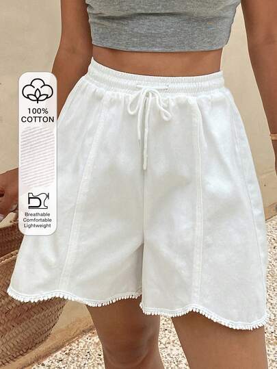 Livesso Shorts de mezclilla holgados de pierna ancha con cintura con cordón, unicolor, versátiles para mujer, casuales, para vacaciones, ir al trabajo, verano, playa y vacaciones en blanco