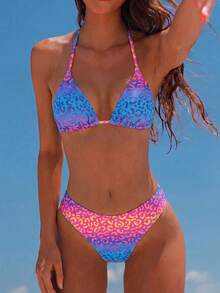 Swim Mod Women's 2026 Spring/Summer Colorful Leopard Print Halter Neck 2-Piece Bikini Swimwear,Blue And Orange Casual Beach Holiday Vacation Rainbow Tanning - Multicolor - View 1