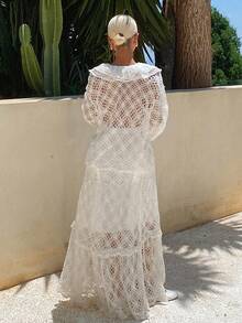 Livesso Summer Hollow-Out Style Top And Women's Semi-Transparent Loose Top With Floor-Length Skirt, Vacation Beach Style 2 Pieces Set White Tropical - White - View 2